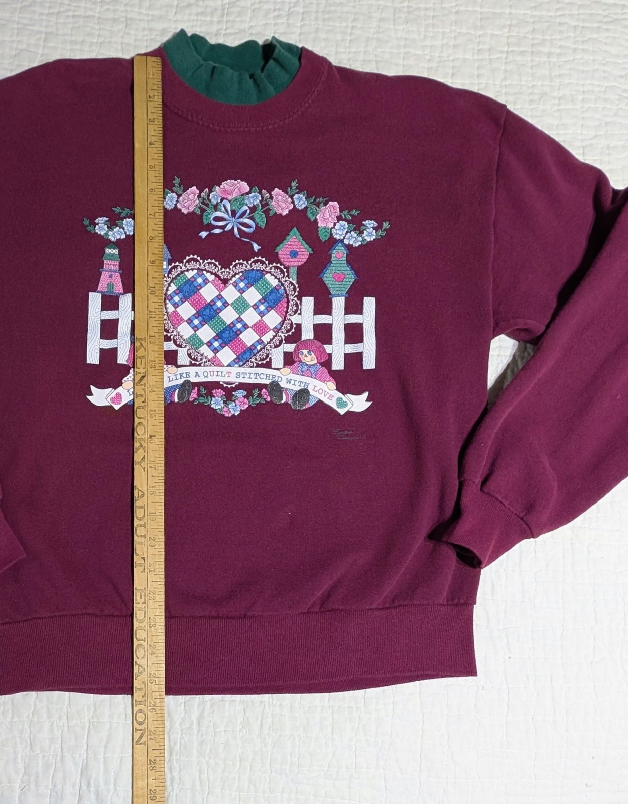 Vintage Sweatshirt Endless Designs Sz Large Quilt Heart Love Bird House Plum