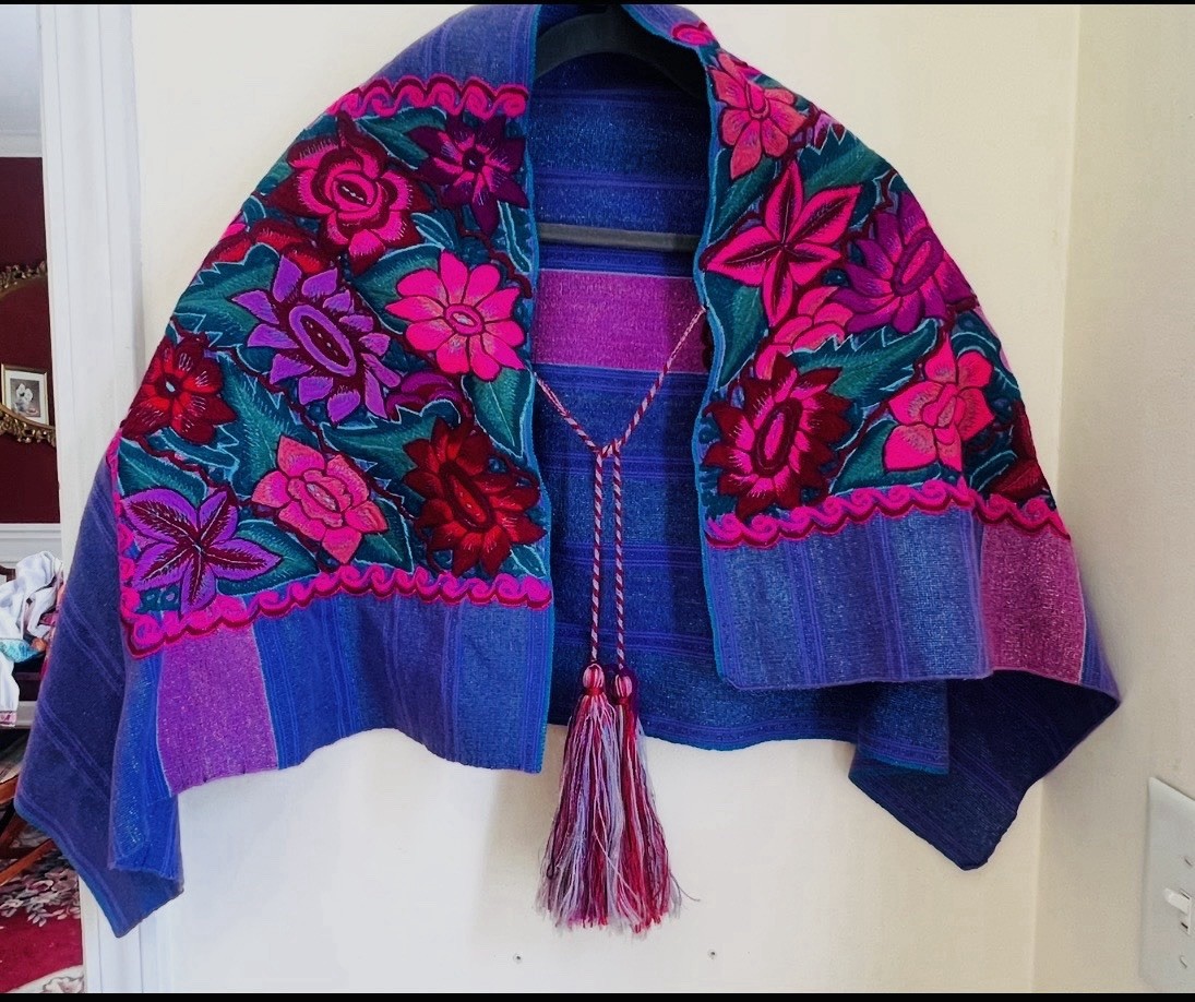 Wool Woven Floral Embroidered Tassel Shawl Wrap Scarf Blue Purple Pink Red