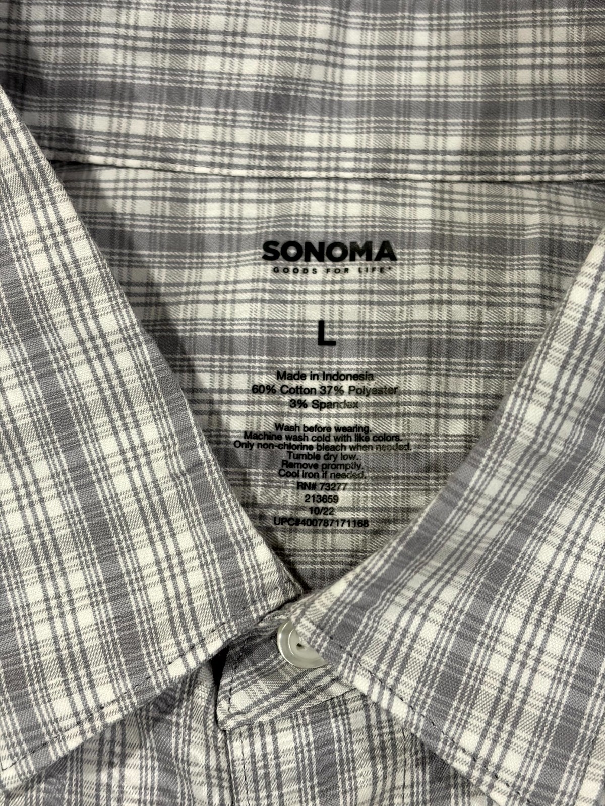 Sonoma Shirt Mens Large Gray Plaid Cotton Stretch Pleated Performance Button Up
