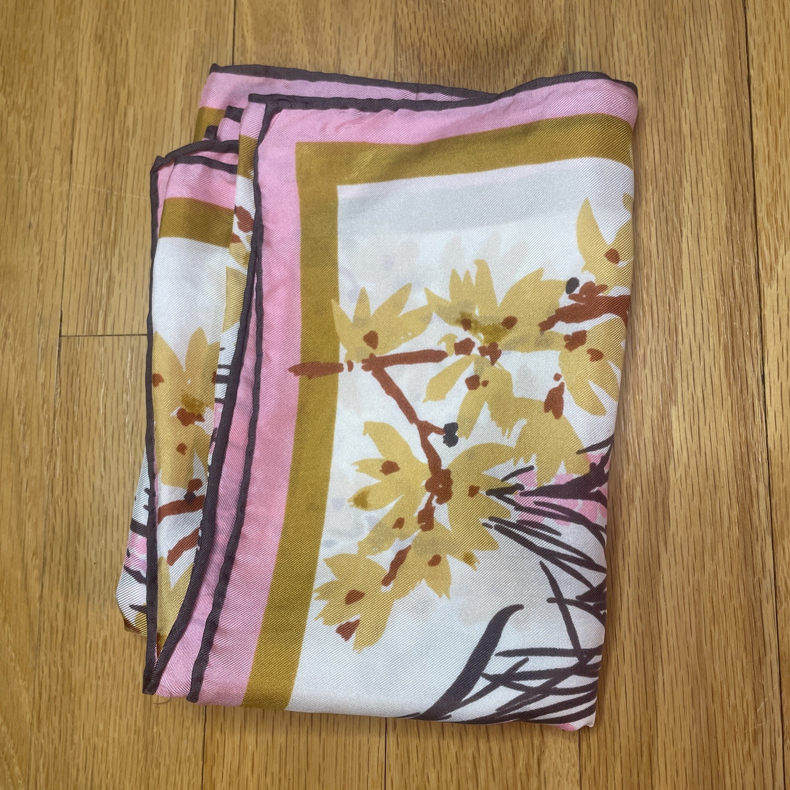 VERA All Silk Japan Hand Crafted PINK Tan NECKERCHIEF SILK SCARF