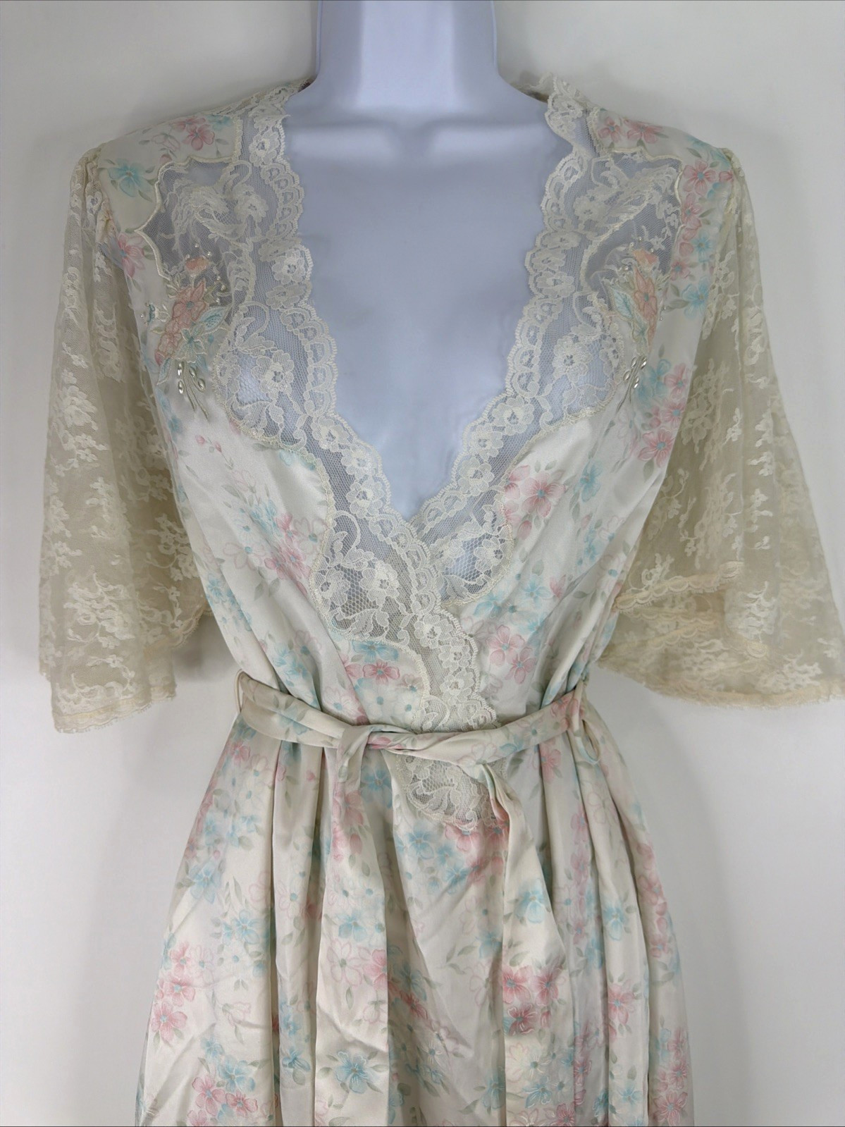VTG Sara Beth Satin Poly Nightgown Robe Set Pink/Blue Floral Lace Bridal Small