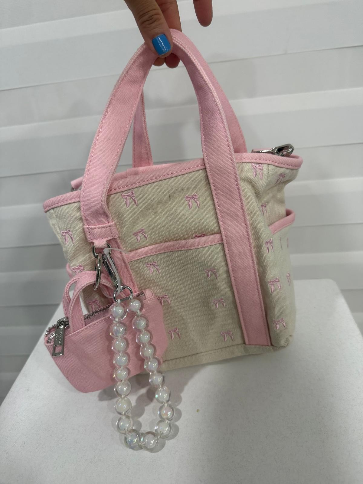 Madden Girl Mini Tote Pink Canvas Bow Bag with Charm & Pouch women