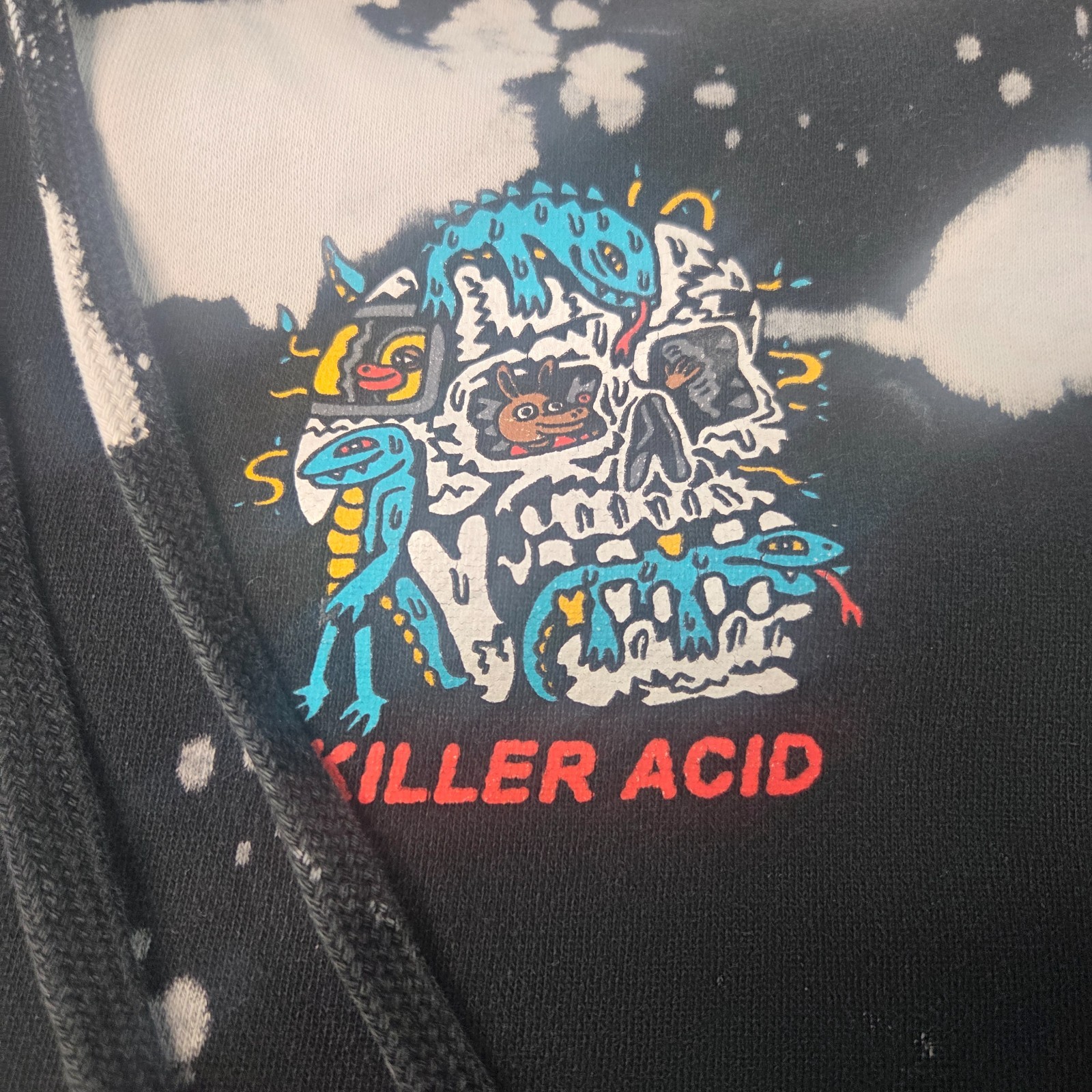 Killer Acid Bleach Dye Hoodie Medium Black White Graphic Skull Pullover