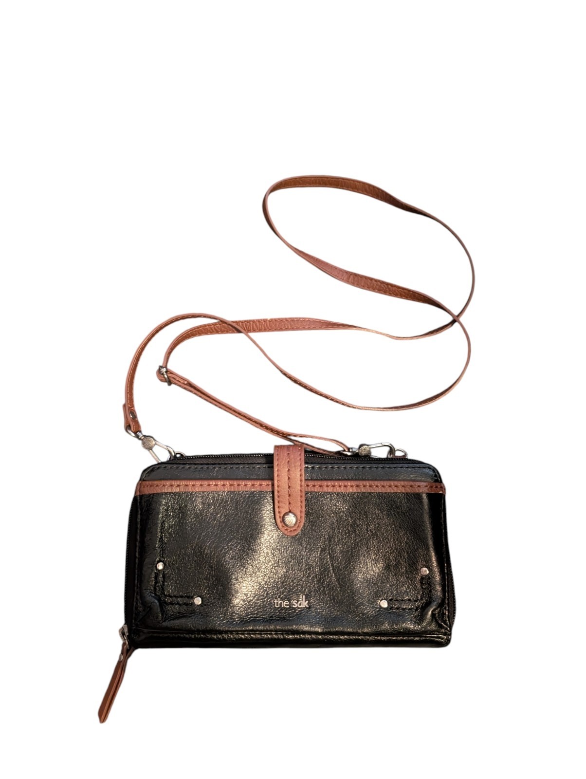 The Sak Black/Brown Crossbody Wallet Bag, Zip, Detachable Strap, Card Slots