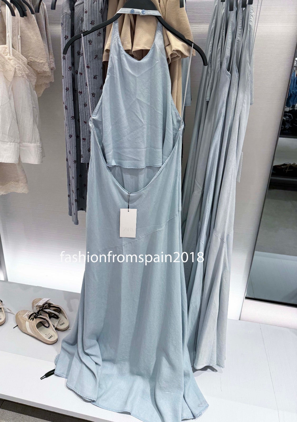 ZARA NEW WOMAN MIDI FLOWY HALTER DRESS OPEN- BACK LT BLUE XS-XXL 6929/089/406