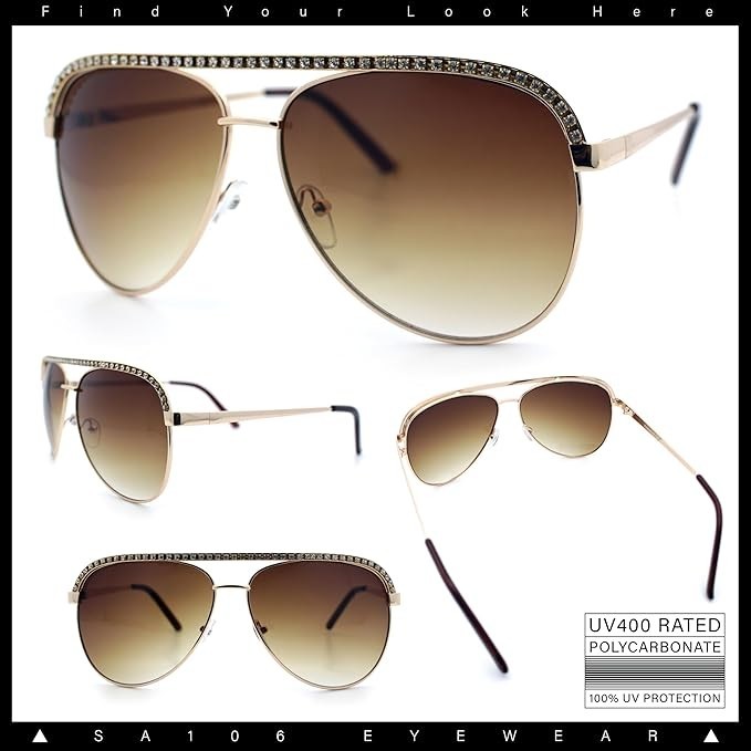 SA106 Rhinestone Trim Pilot Sunglasses UV400 Metal Frame Gradient Lens
