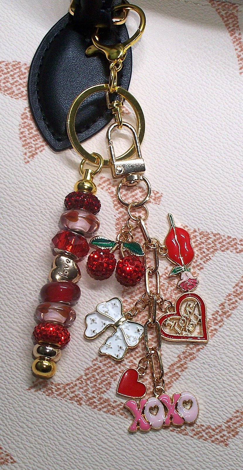 Bag Charm Keychain Murano Glass Red Pink Hearts Cherry Bow XOXO Love Purse Charm
