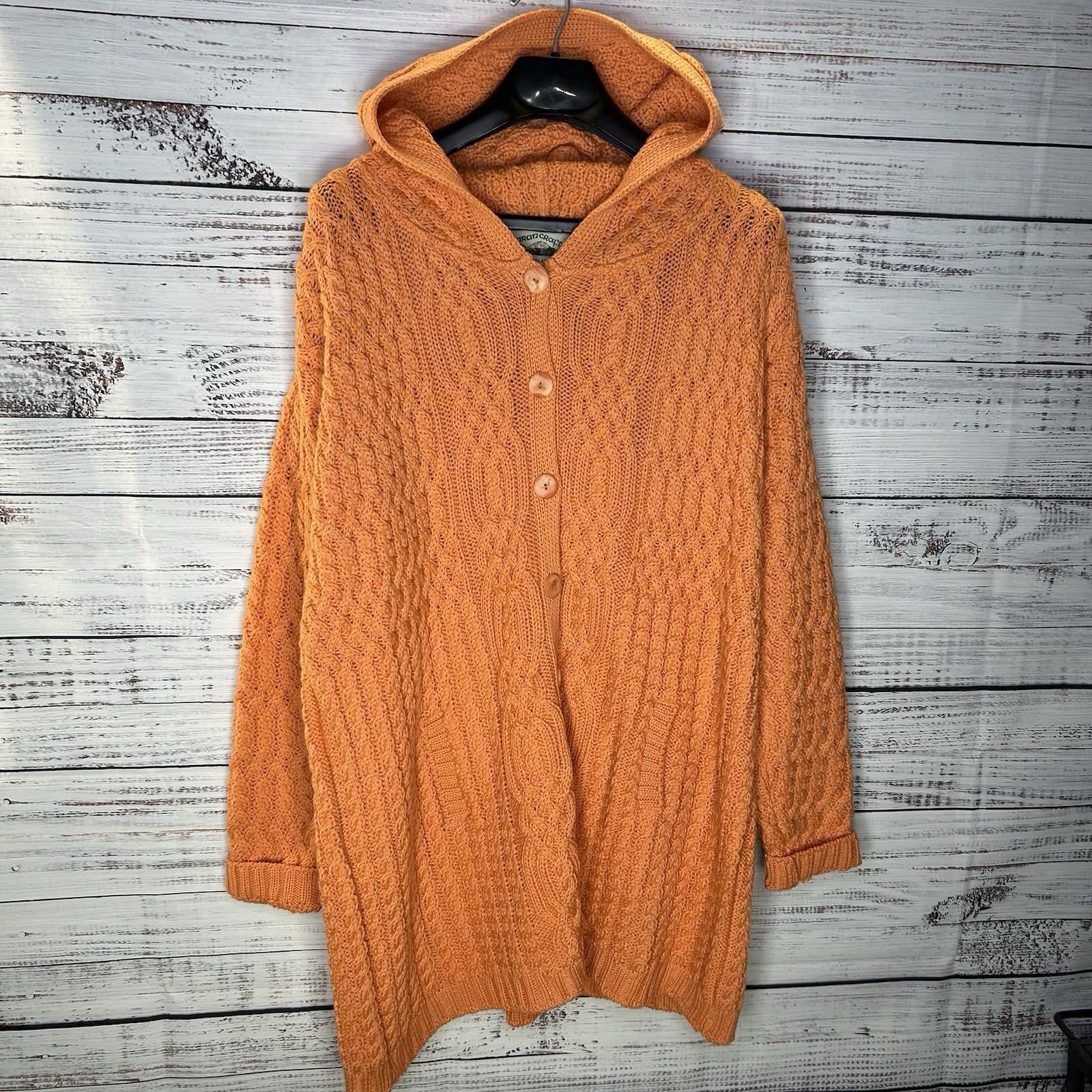 Aran Crafts Irish Fisherman Cable Knit Wool Long Cardigan Hooded Sweater XXL