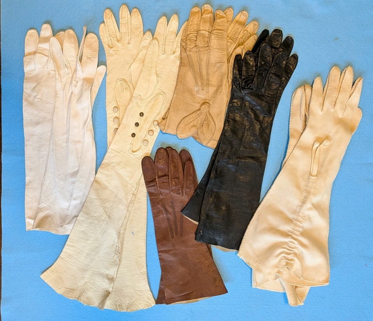 Antique LOT 6 PAIRS SOFT KID LEATHER LONG OPERA GLOVES VARIOUS COLORS Snaps
