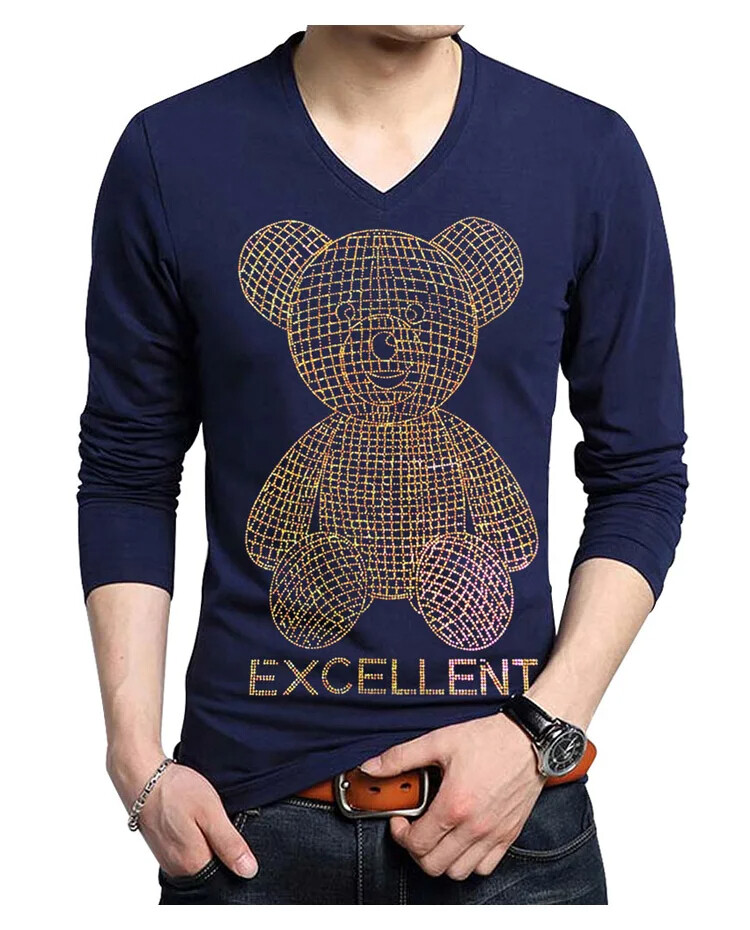 Fashion Trend Bear Rhinestones Streetwear Long Sleeve Luxury Men V-Neck T-Shirt