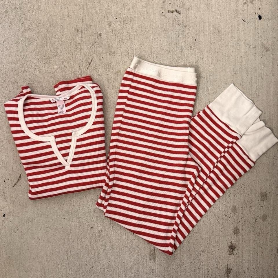 Victoria Secret Long Thermal Pajama Set Med Red White Candy Cane Striped #1304-2