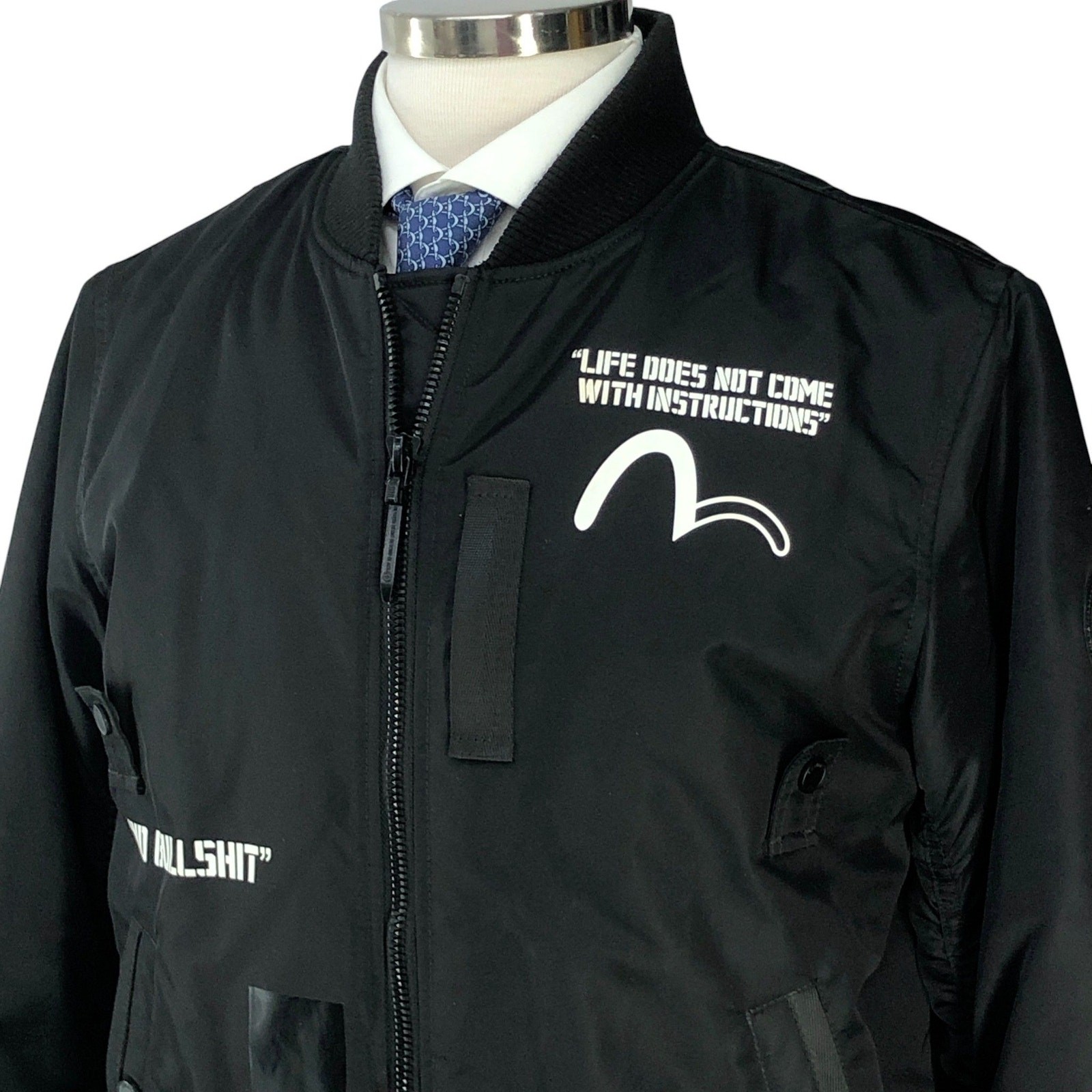 EVISUKURO Flight Jacket Mens M Black Graphic Zip Quilted Liner Streetwear Patch