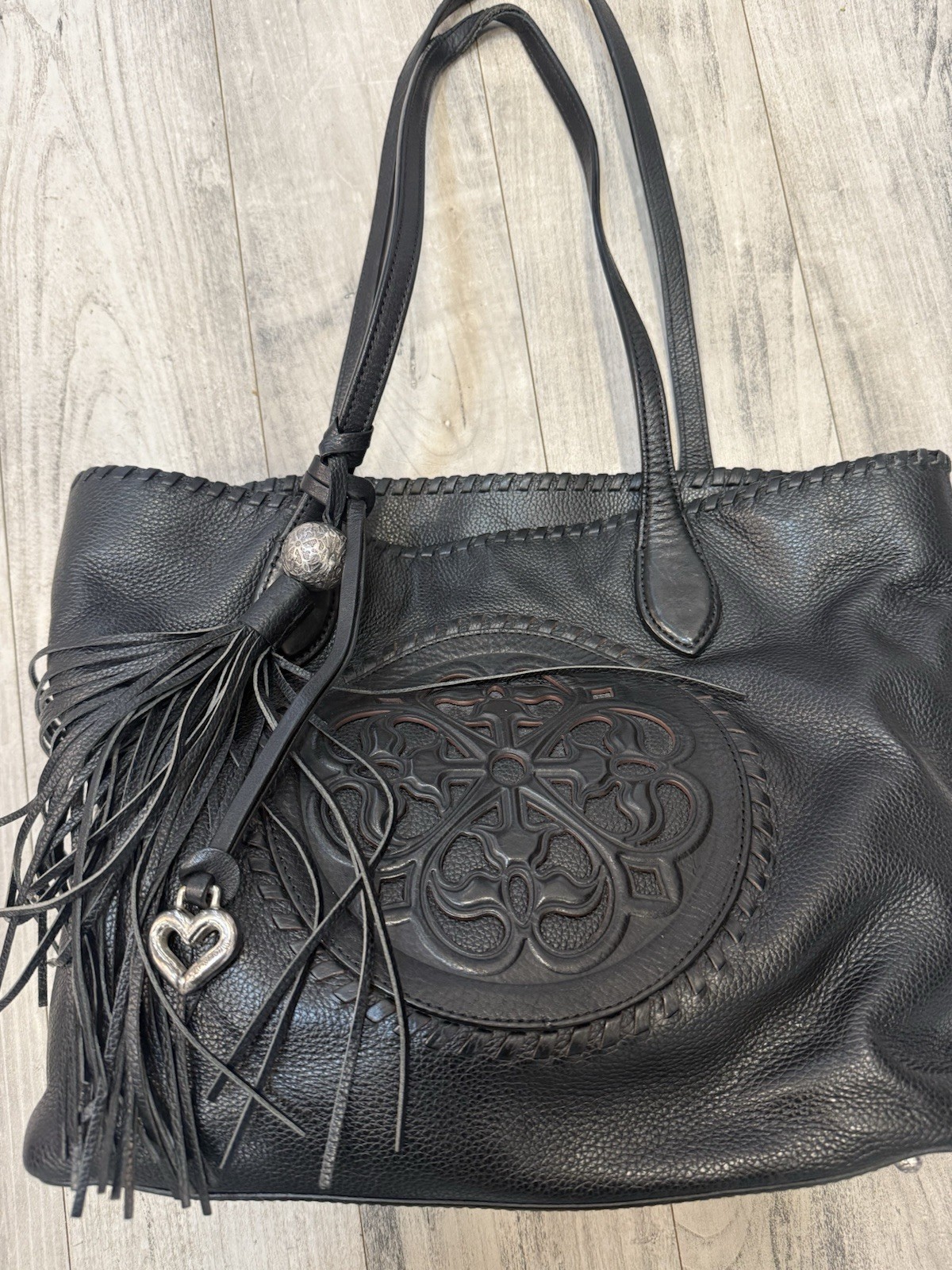 BRIGHTON FERRARA COLL GABRIELLA BLACK MEDALLION TASSELED TOTE PURSE $530
