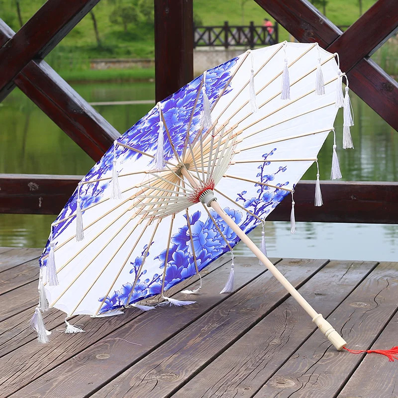 Cloth Parasol Umbrella 82cm Long Handle Silk Tassel Hanfu Cosplay Photo Prop