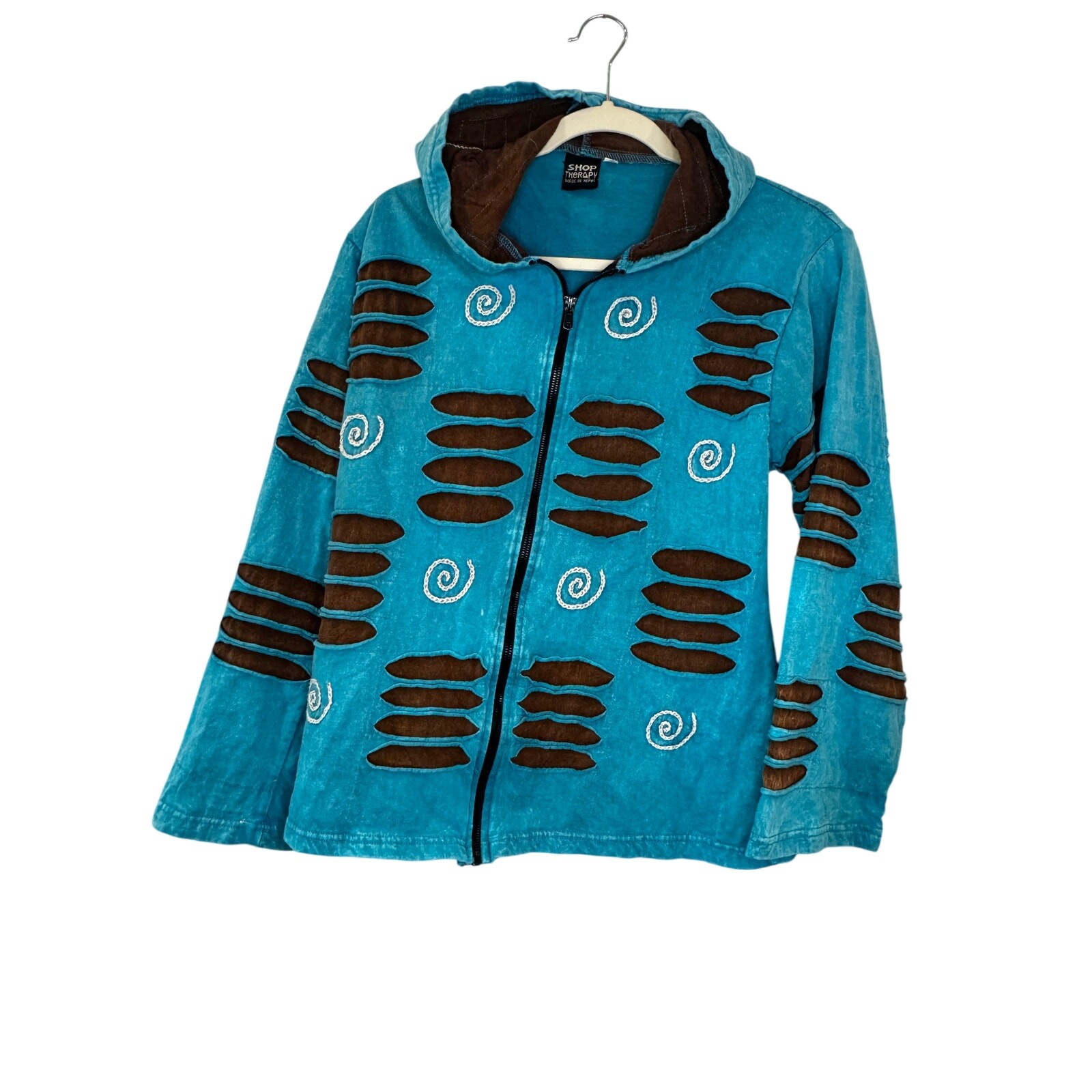Shop Therapy Blue Brown Hippie Patchwork Full Zip Hoodie Swirl Peace Sign Sz Lrg