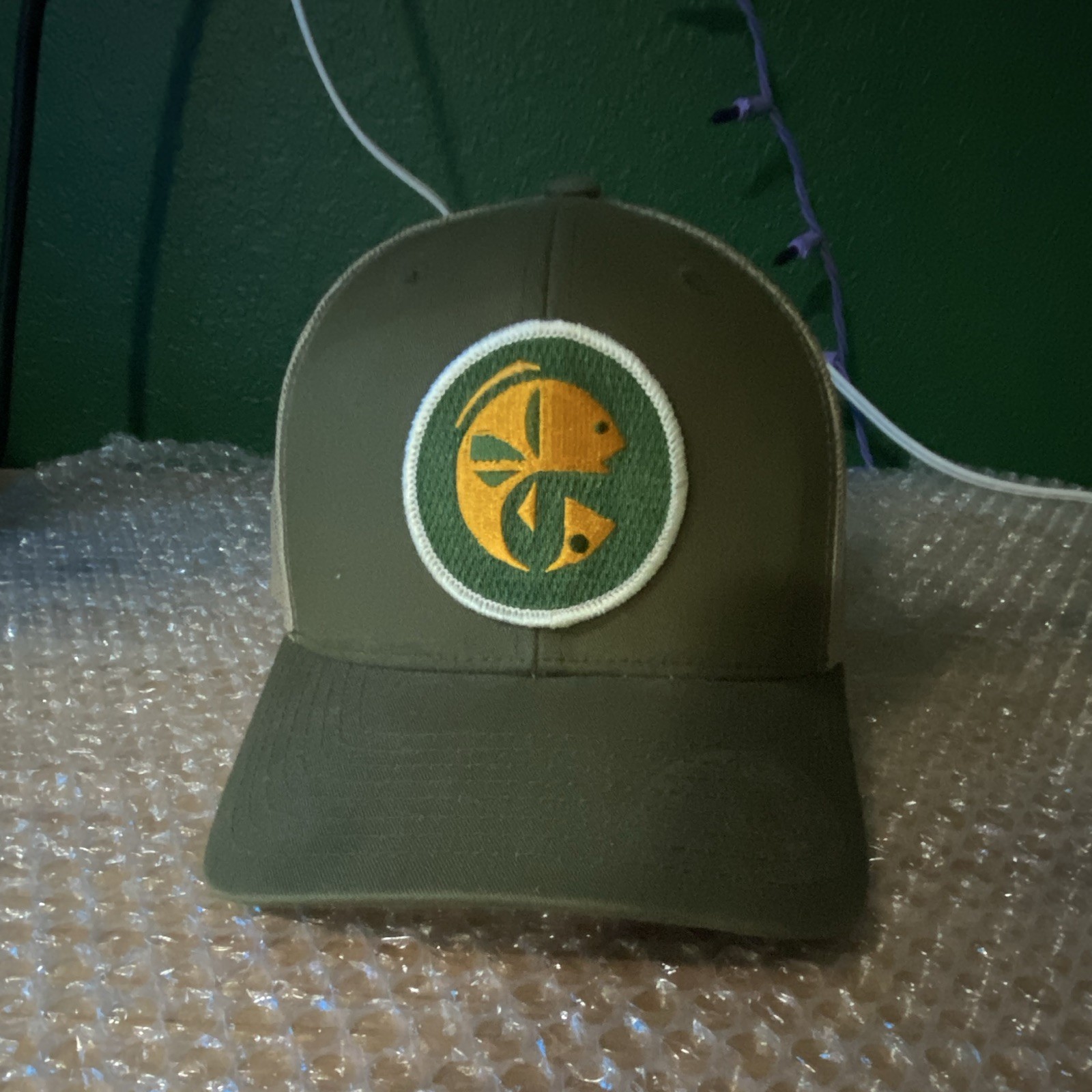 Yupoong Trucker Hat Green/White Mesh Back Adjustable Snapback Mushroom Patch