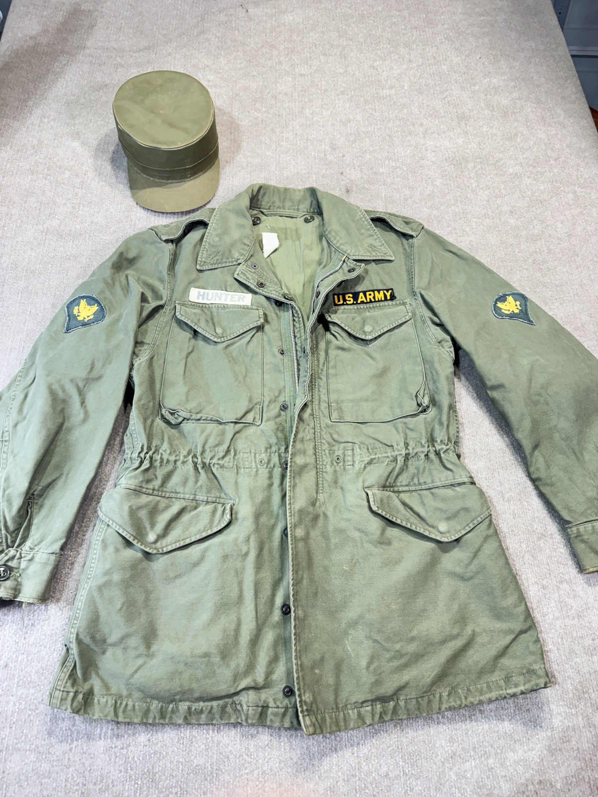 US ARMY M51 Korean War 1958 Field Jacket Vintage OG 107 Long Small Pent Mic Hat
