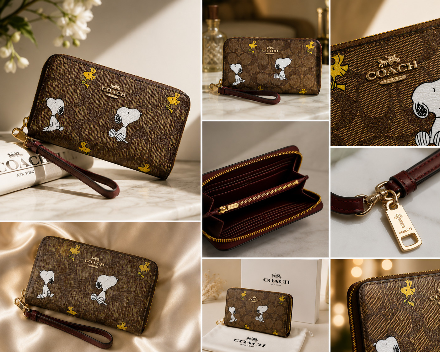 COACH x PEANUTS Long Zip around Wallet Snoopy Woodstock Khaki Signature F/S