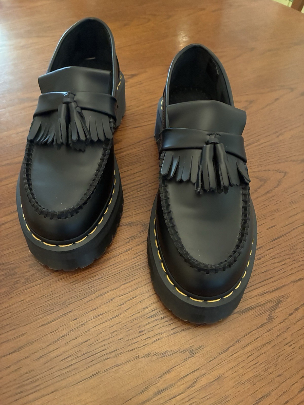 Dr. Martens Black Adrian Quad Tassel Platform Shoes – Yellow Stitch (Size 8 USM)