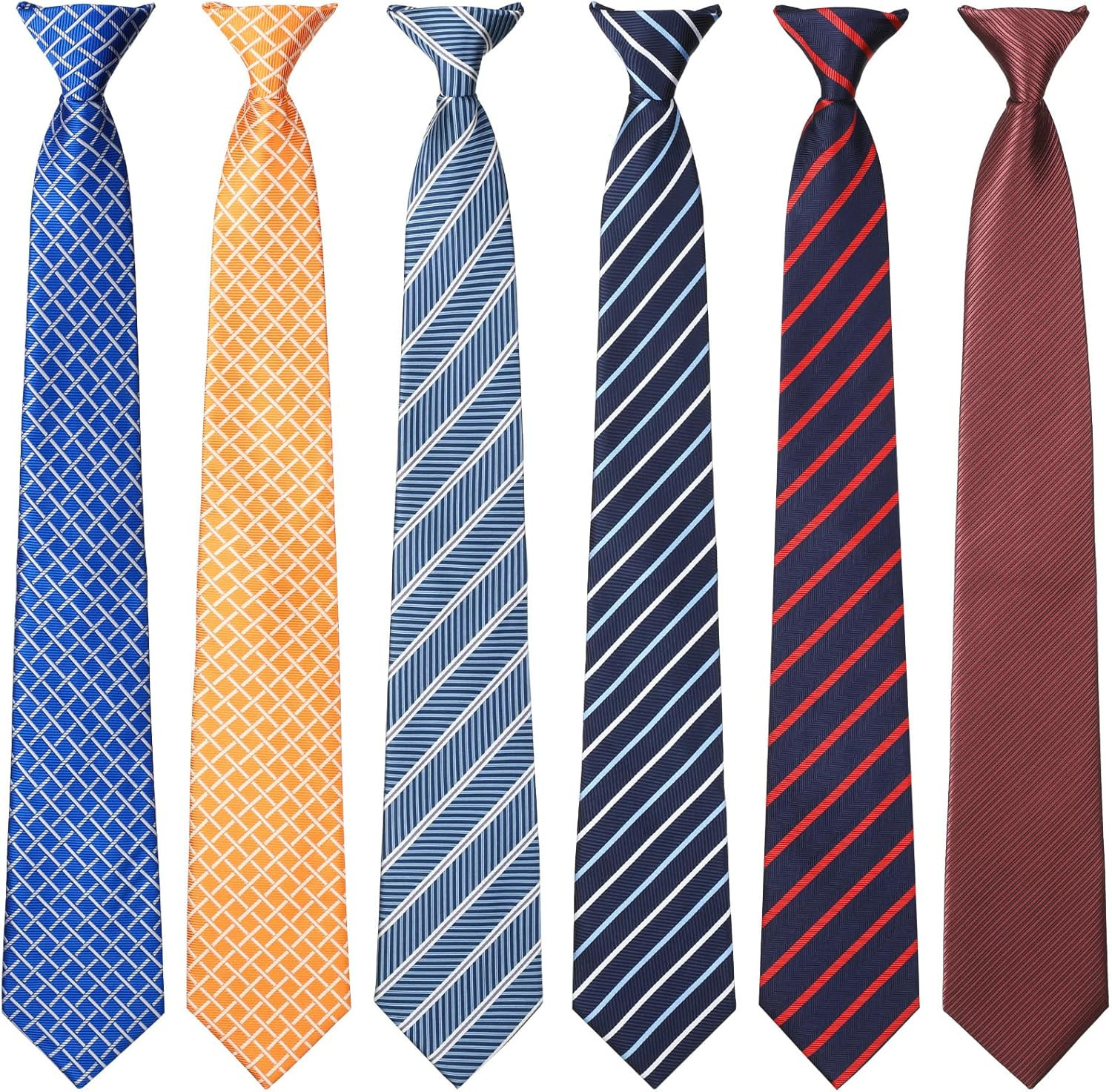 6 Pcs Clip-On Ties for Men, Striped Solid Plaid Dots, 20 Inch