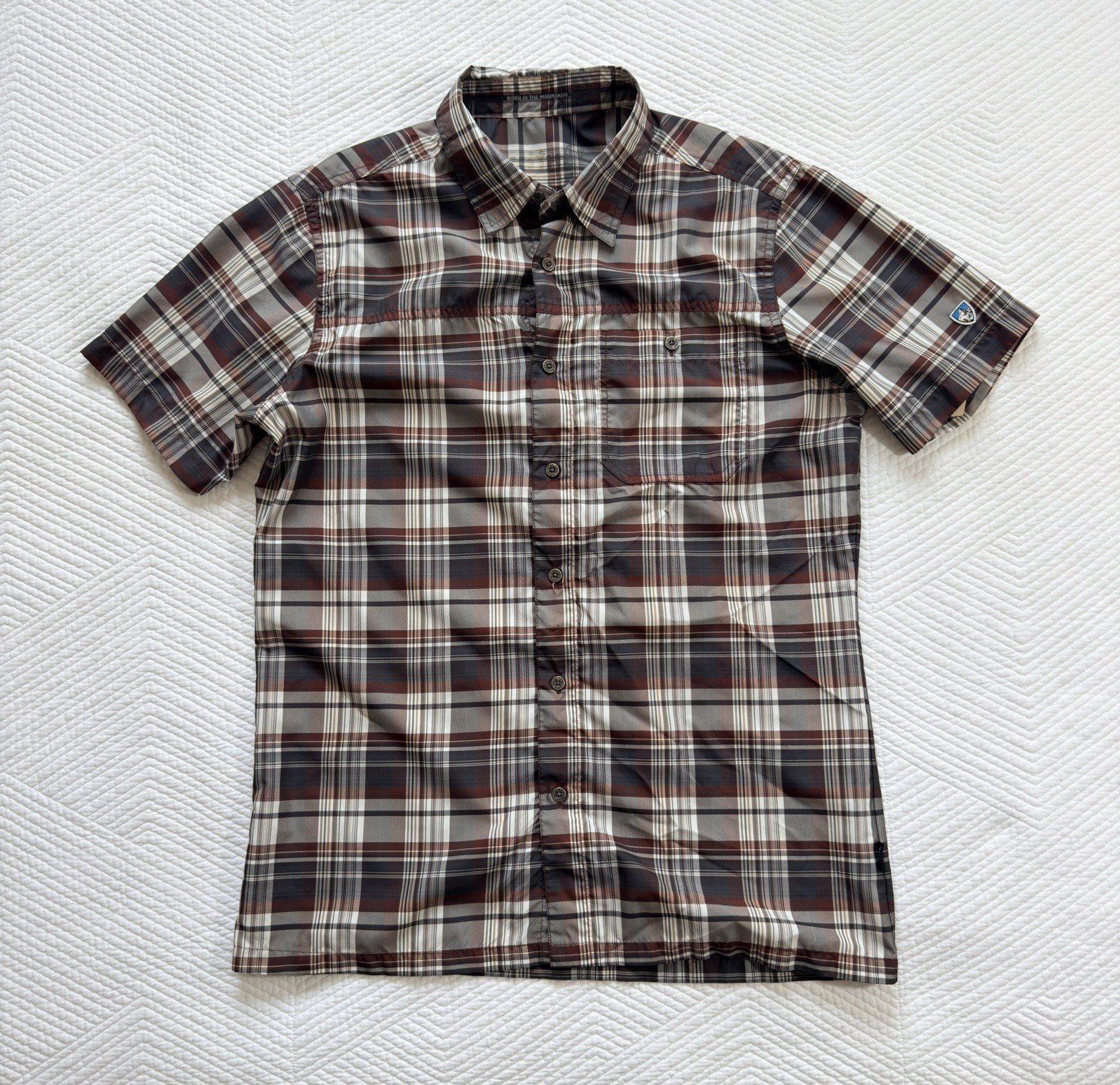 Kuhl Men’s S Brown/Gray/White Plaid Short Sleeve Woven Button-Up Shirt Small