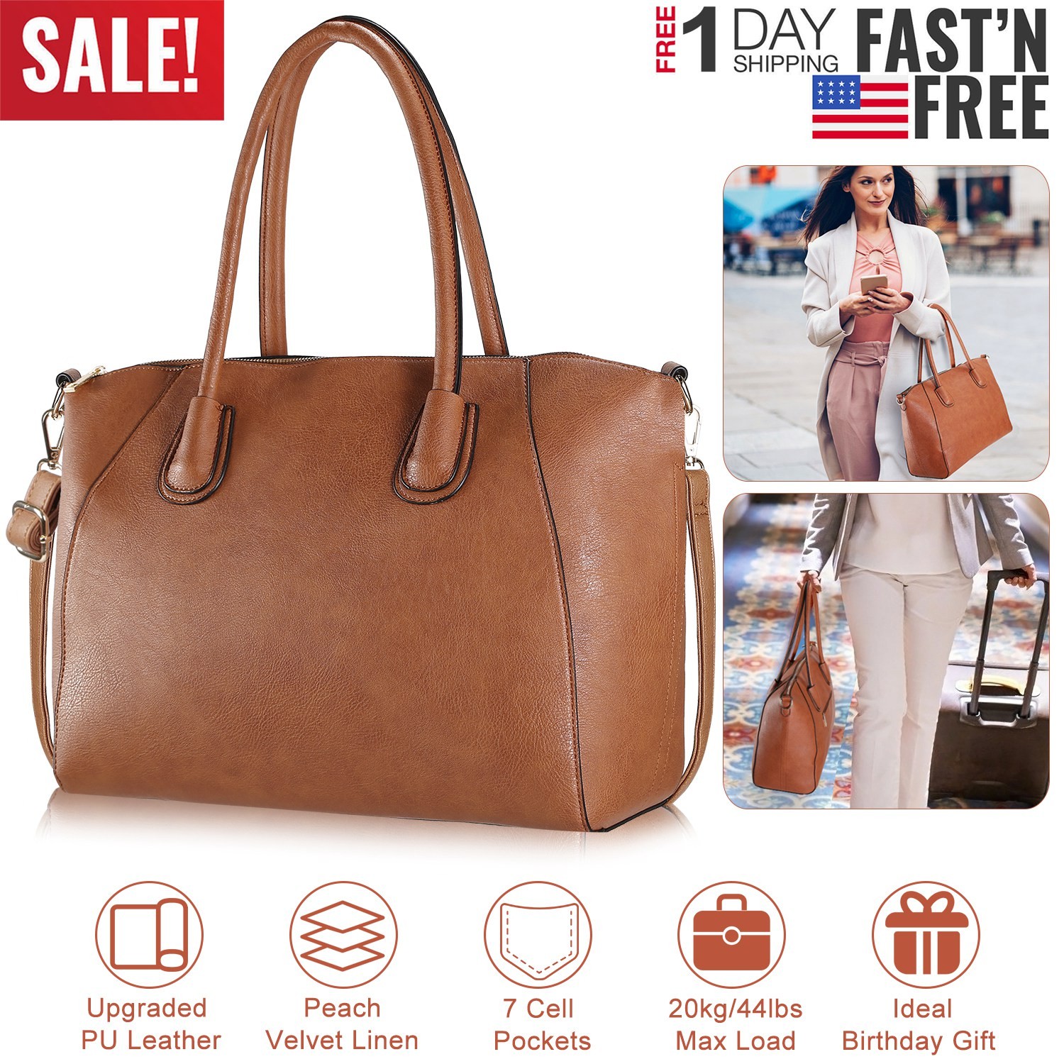 Caramel Brown‌ Handbag Shoulder Bag PU Leather Zipper Tote Bag Satchel for Women