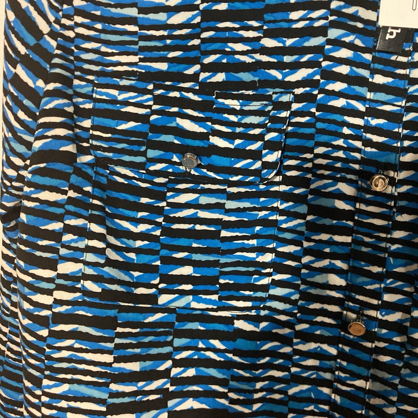 NOTATIONS white black blue button up roll tab sleeve top L