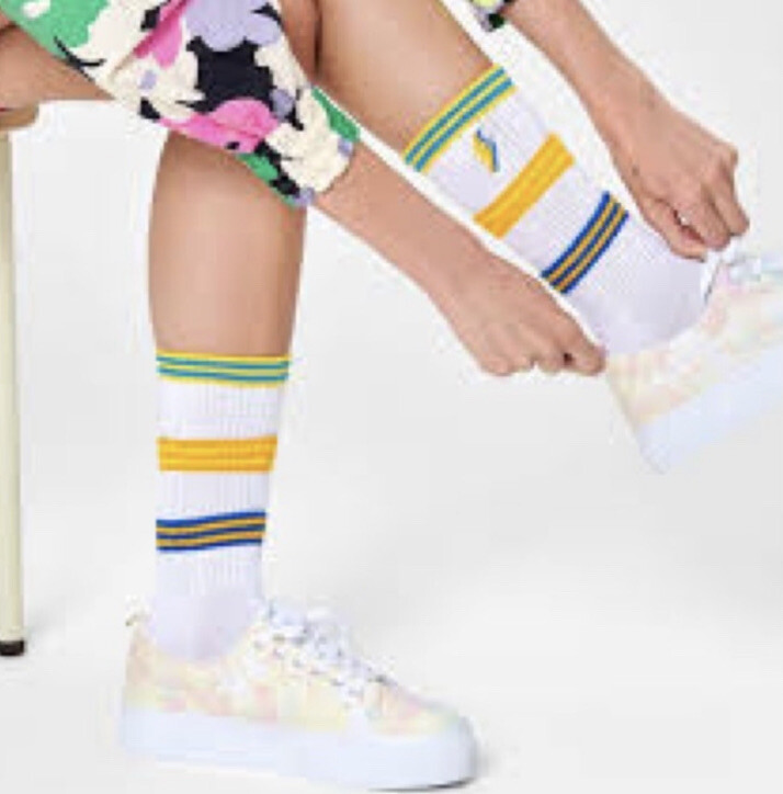 HAPPY SOCKS COLOR CUFF MENS SNEAKER CREW SOCKS WHITE WITH MULTI M/L NWT