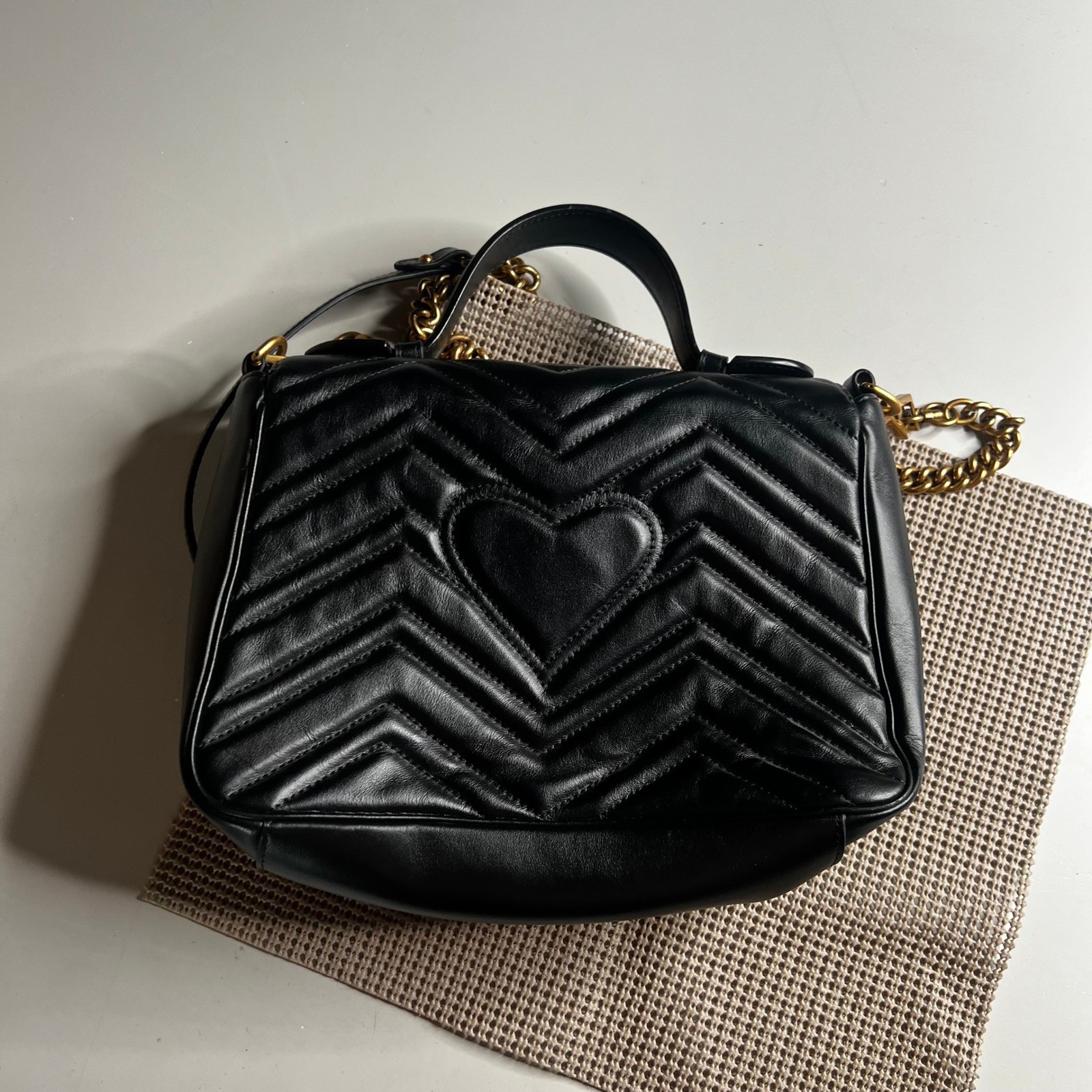 Gucci GG Marmont Matelasse Black Leather Top Handle Bag 498110 Small