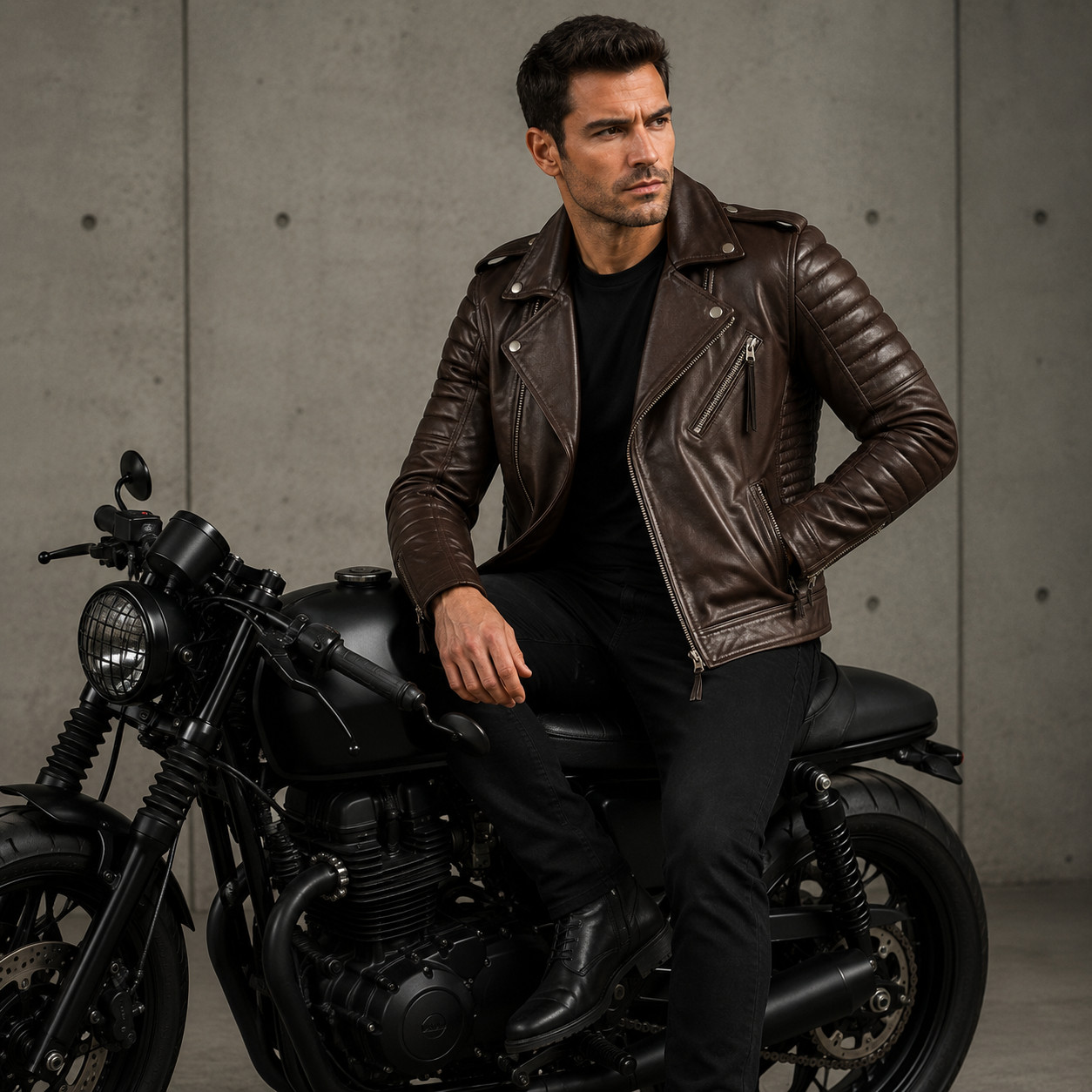 Men’s Dark Brown Real Lambskin Leather Biker Jacket Quilted Motorcycle Moto Coat