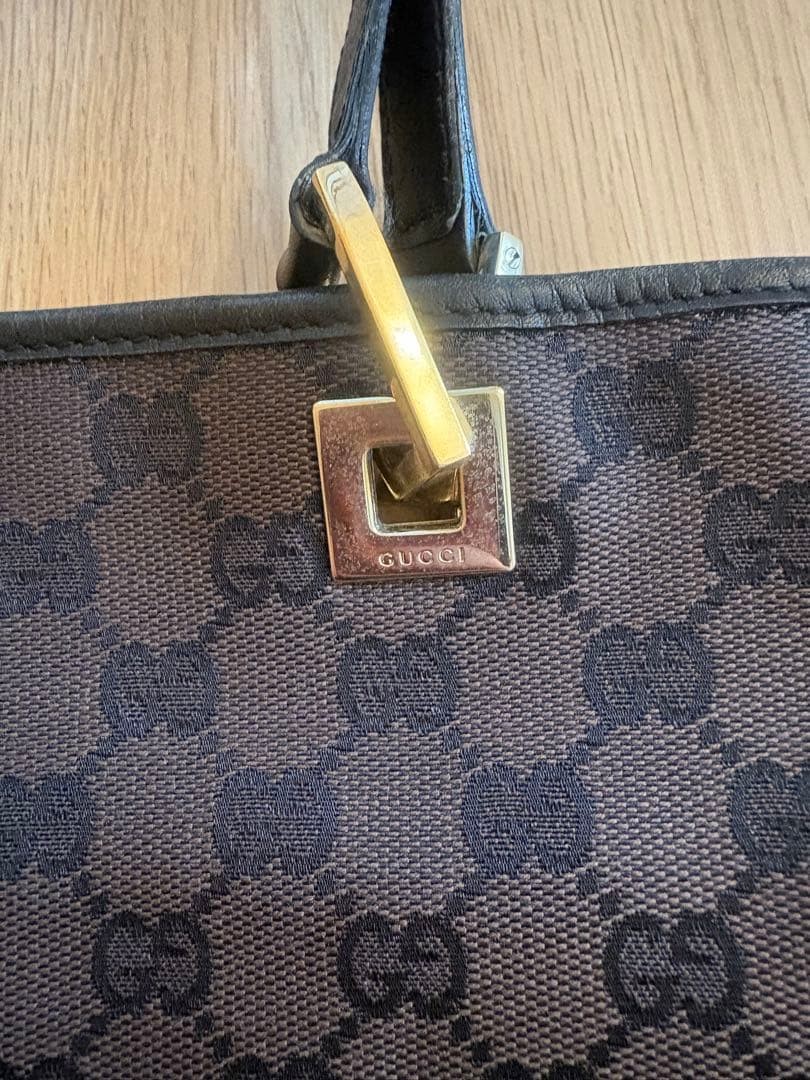 GUCCI GG Tote Hand Bag Leather Canvas Dark Brown Black Gold Hardware From Japan