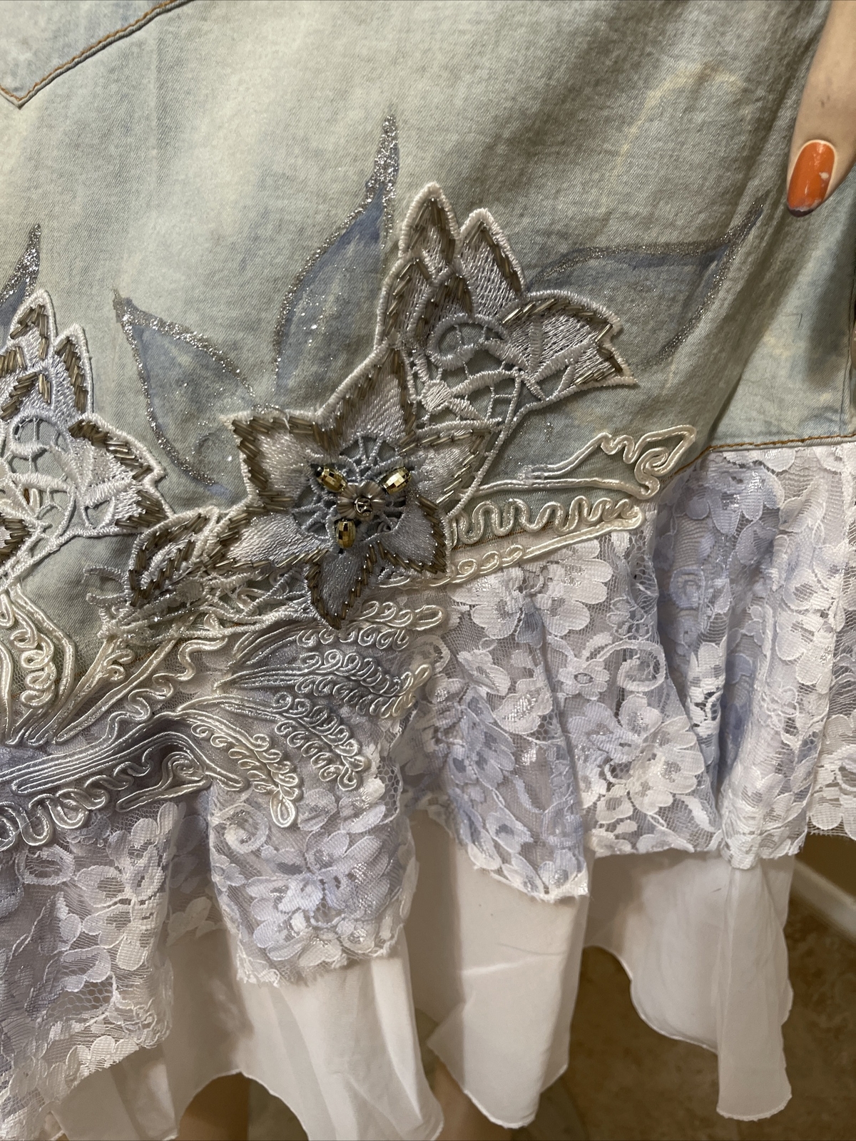 Women’s Blue Denim Cotton Beaded Embroidery Zip Boho Size XL(10-12) Skirt SK 715