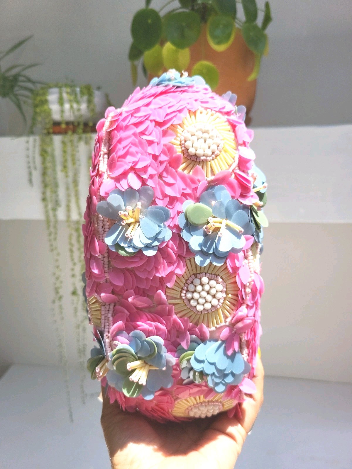 NWT Viral HANDCRAFTED IN INDIA Pink Floral Garden 3D Appliqué Flowers Beaded Bag