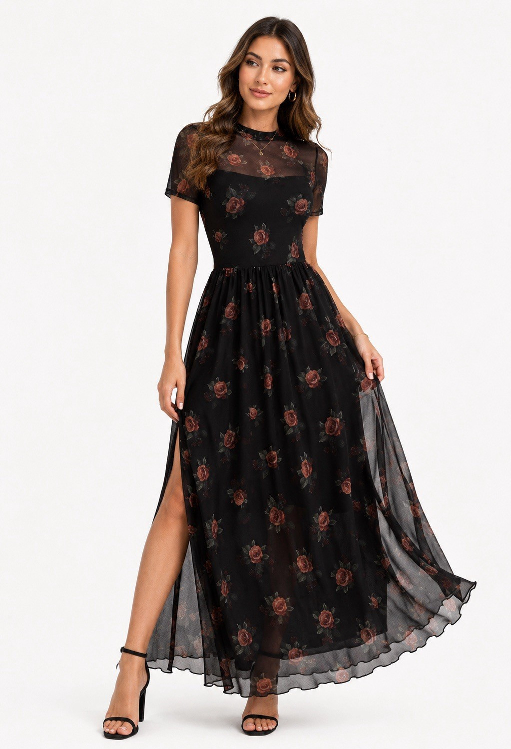 Goth Floral Mesh Maxi Dress Black Sheer Cottagecore Fairy Grunge Size Large