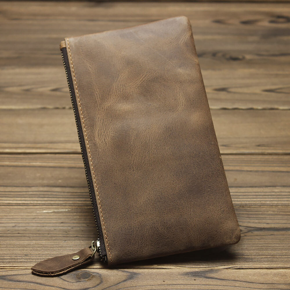 Leather Cash Long Wallet Envelope Zipper Pouch – Money Holder for Men & Women^