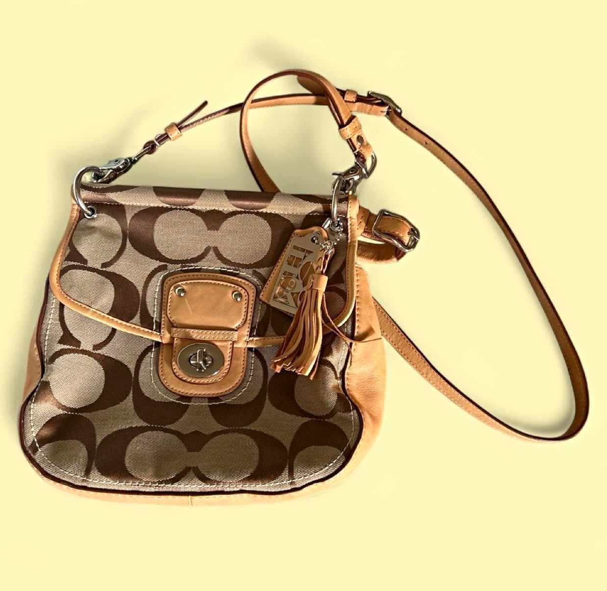Coach Signature Logo Small Crescent Shoulder Bag Brown Beige Zipper Tassel Charm