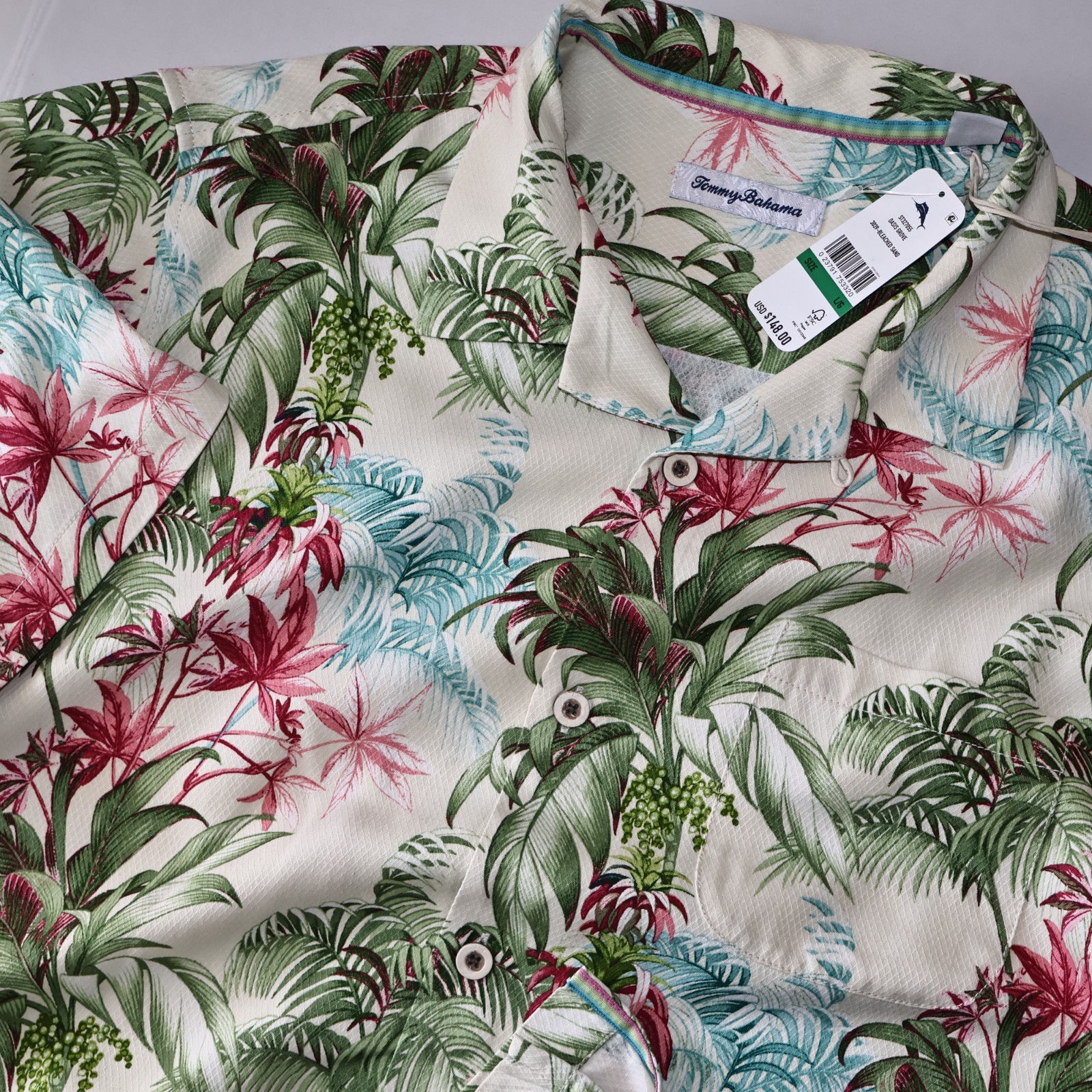 Tommy Bahama Camp Shirt Oasis Grove Bleached Sand 100% Silk SS Extra Large XL
