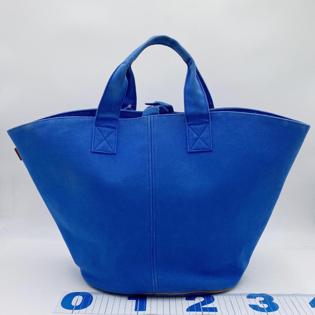 HERMES Panier De Plage PM Tote Bag Blue Canvas Beach Bag w/ Pouch Large