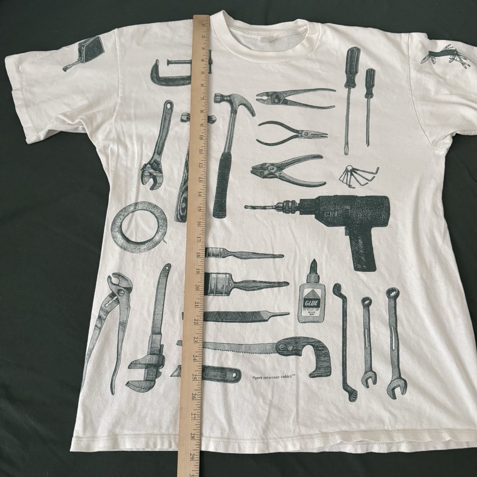 Vintage 1995 Relevant Products All Over Print T Shirt Power Tools Mens XL