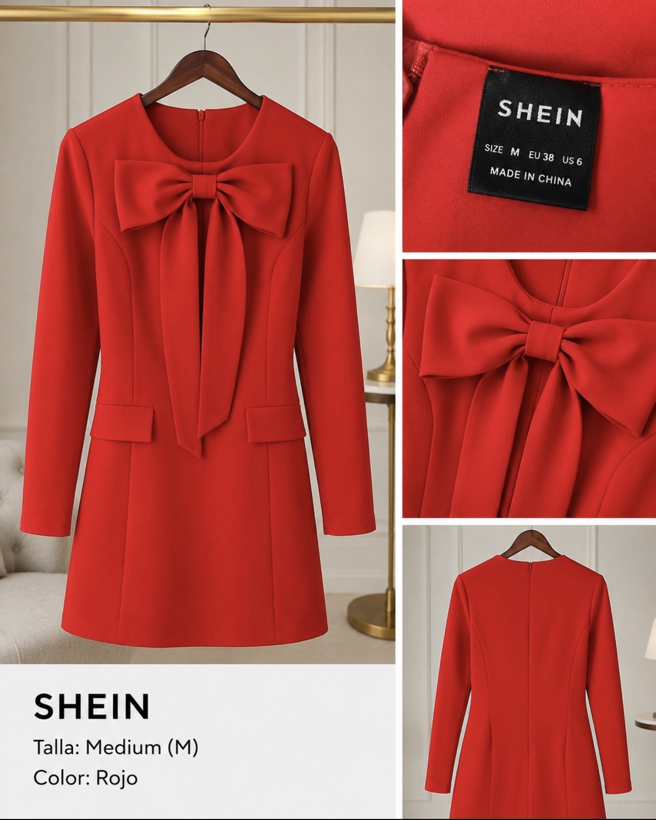 SHEIN Red Fit & Flare Short Dress M Round Neck Long Sleeve Bow Zip