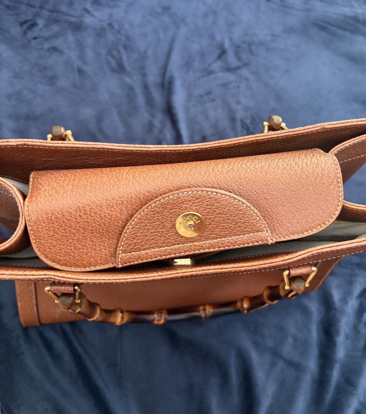 Gucci Brown Pebbled Bamboo Top Handle Tote, Zip/Push Lock, Gold Hardware