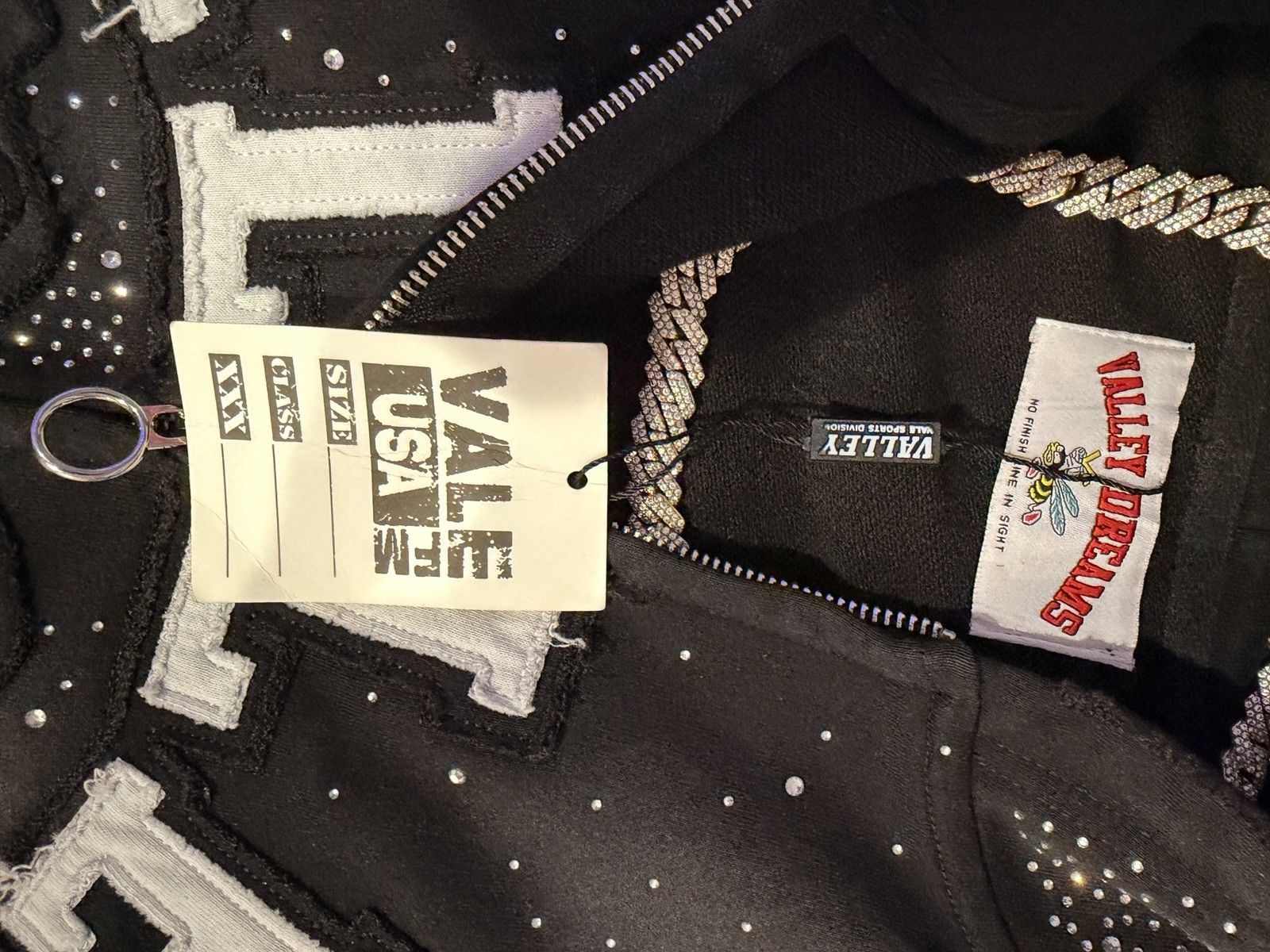 Valley Dreams Men’s Black M Full Zip Hooded Graphic Print Rhinestone Hoodie