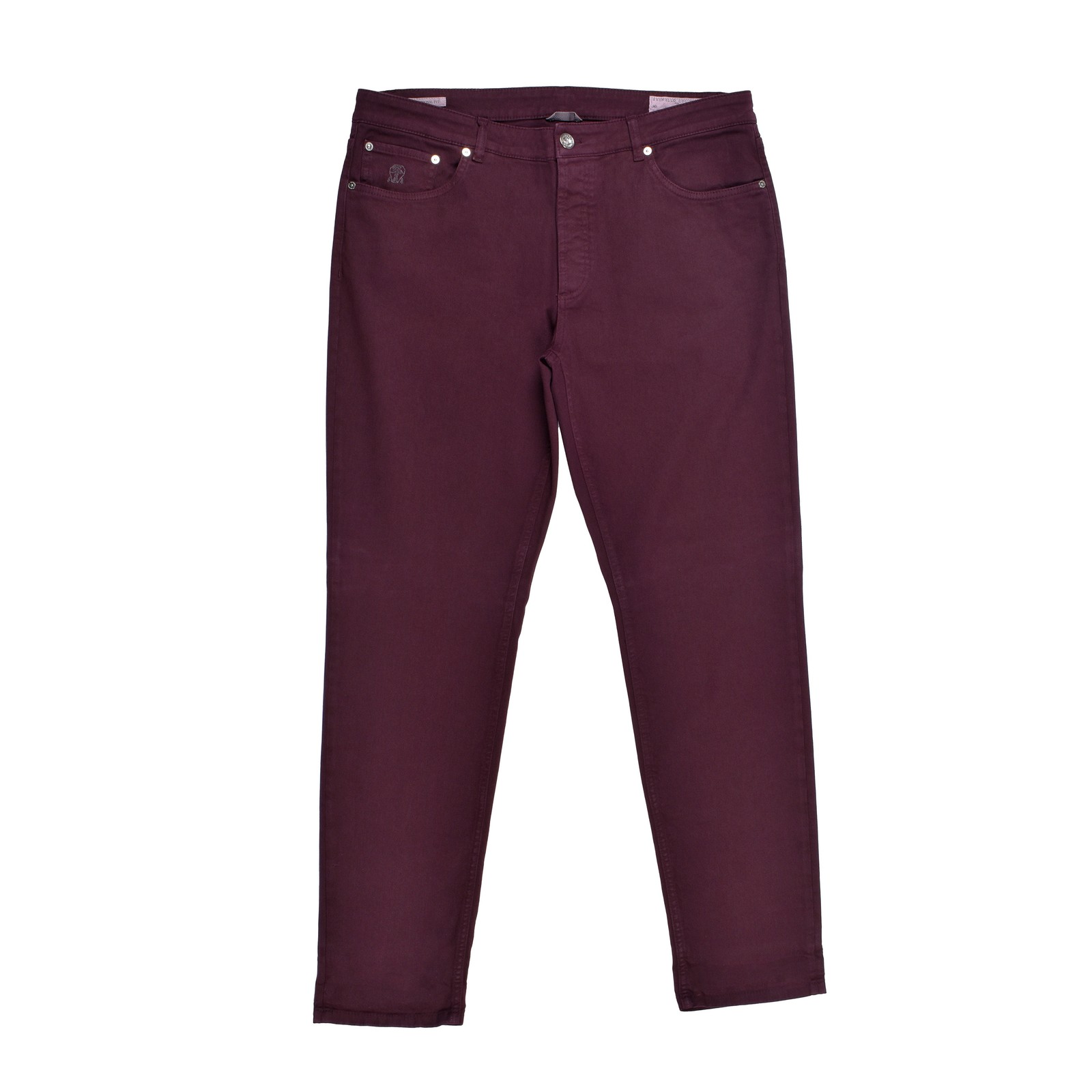 BRUNELLO CUCINELLI MEN’S BURGUNDY DENIM FIVE-POCKET TROUSERS MSRP $865