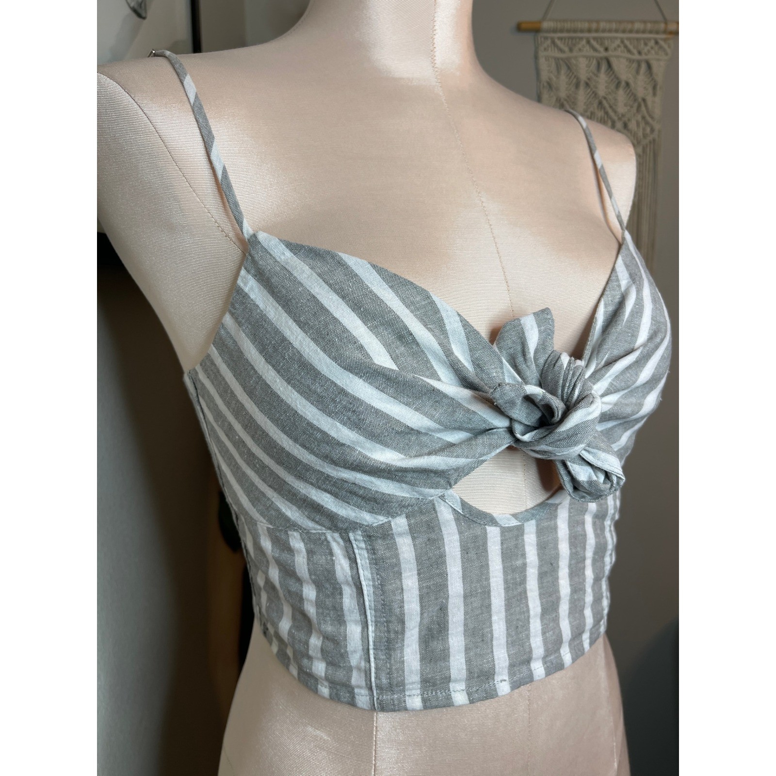 Blue Life Mila Tie Front Top Grey White Stripe Linen Cotton XS