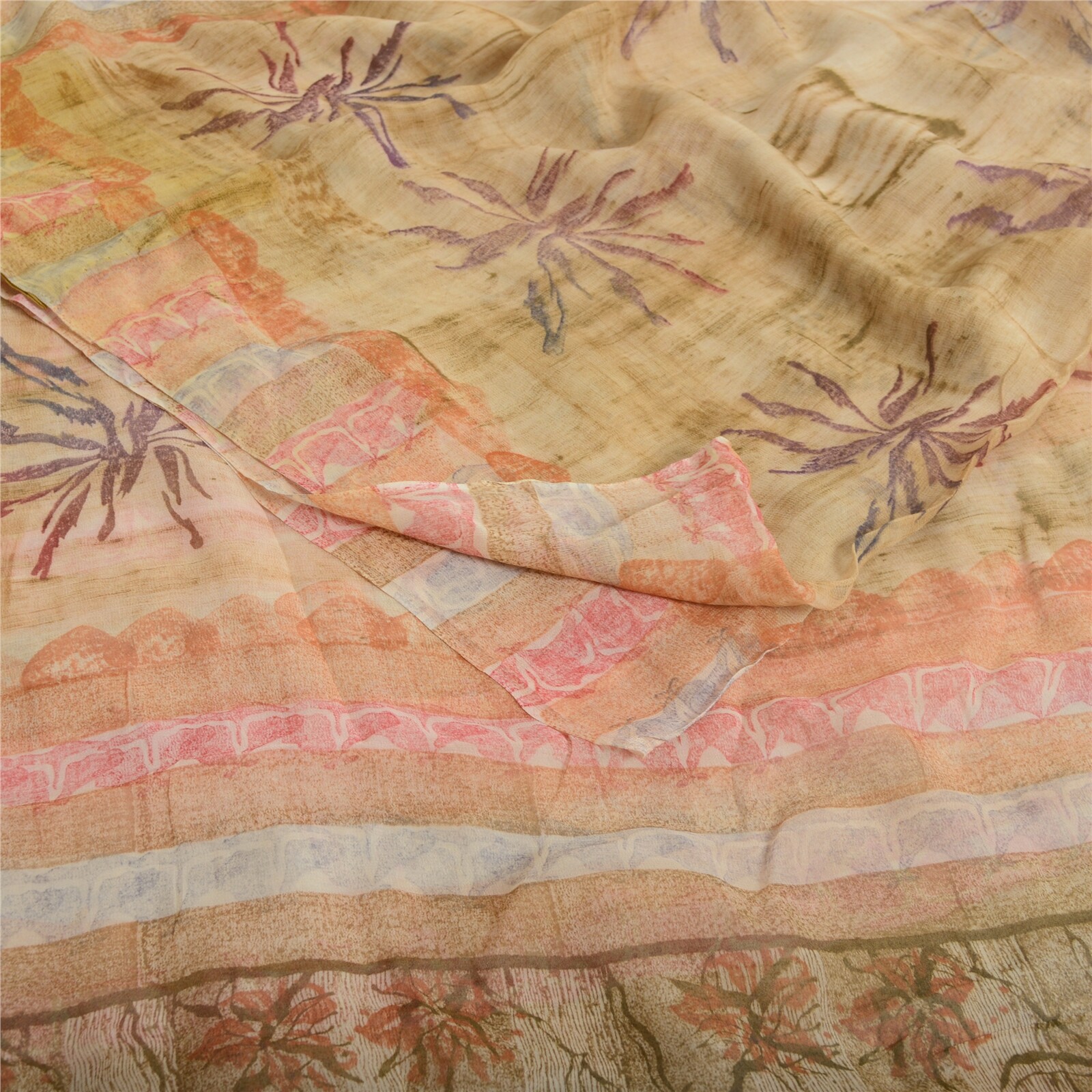 Sanskriti Vintage Indian Sari Printed Blend Georgette Sarees Craft 5 Yard Fabric
