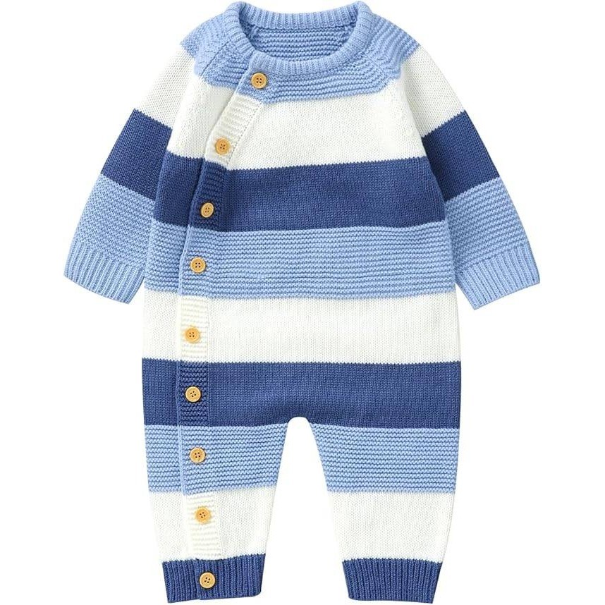 Licupiee Knit Romper Baby 6-9M Blue White Striped Long Sleeve Side Button