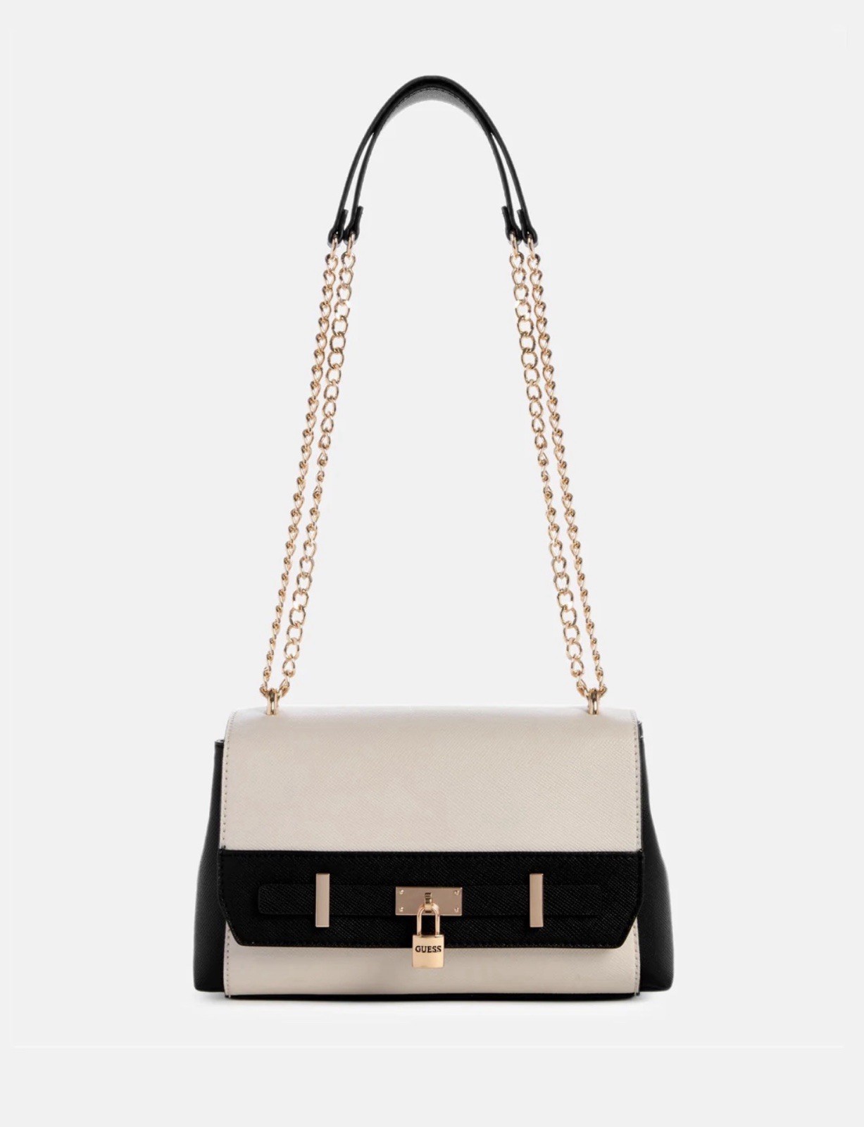 GUESS Black/White Colorblock Crossbody Bag Gold Chain Strap Turn Lock Small