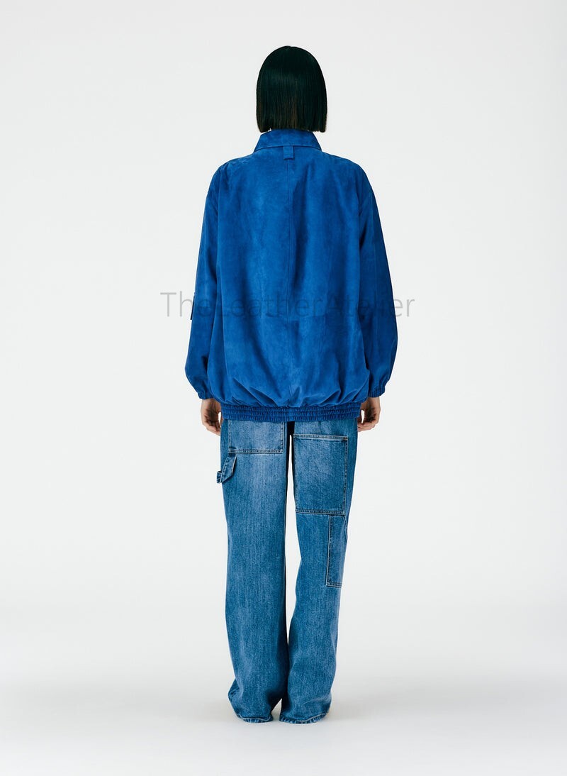 Premium Suede Leather Bomber Jacket Cerulean Blue Oversized Retro Urban Luxury