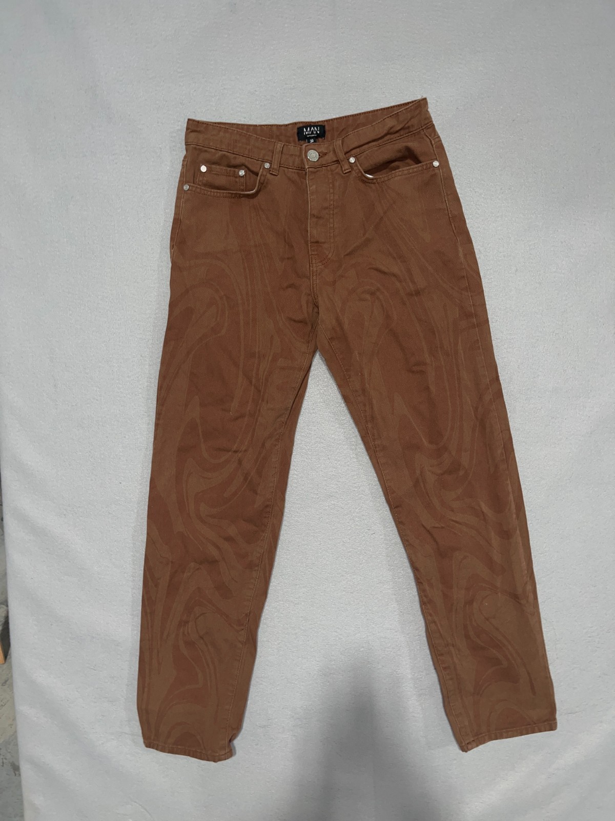 MAN Boohooman Pants Mens 30 Brown Flame Abstract Cotton Straight Leg Streetwear