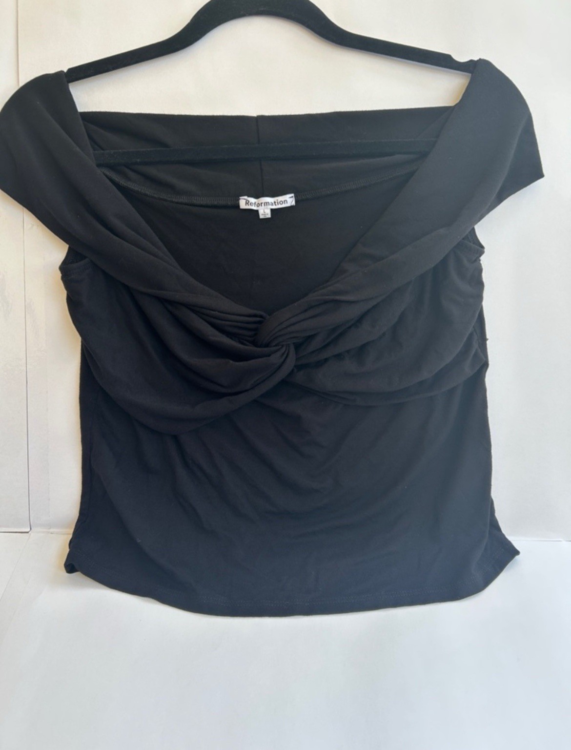 Reformation Ezlynn Knit Top Off Shoulder Short Sleeve Twist Front Black L